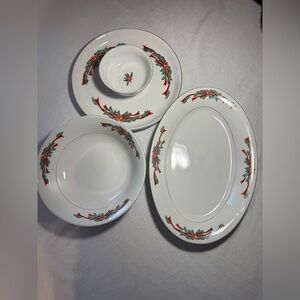 Tienshan Poinsettia Ribbon 4 Piece Serving Set Holiday China